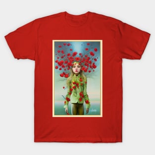 Pop surrealism painting of a girl with poppies T-Shirt